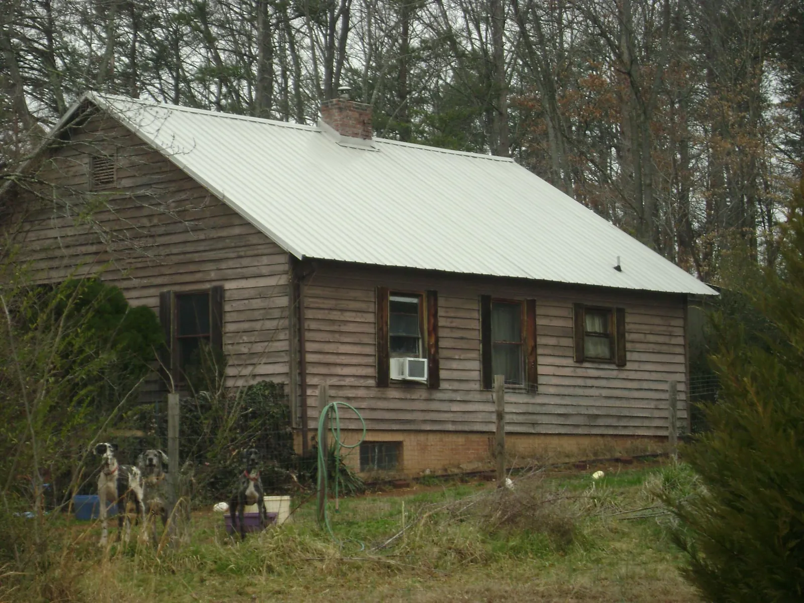 White metal roof on an old wood sided farmhouse, from a Asphalt Shingle Roof Repair job in May